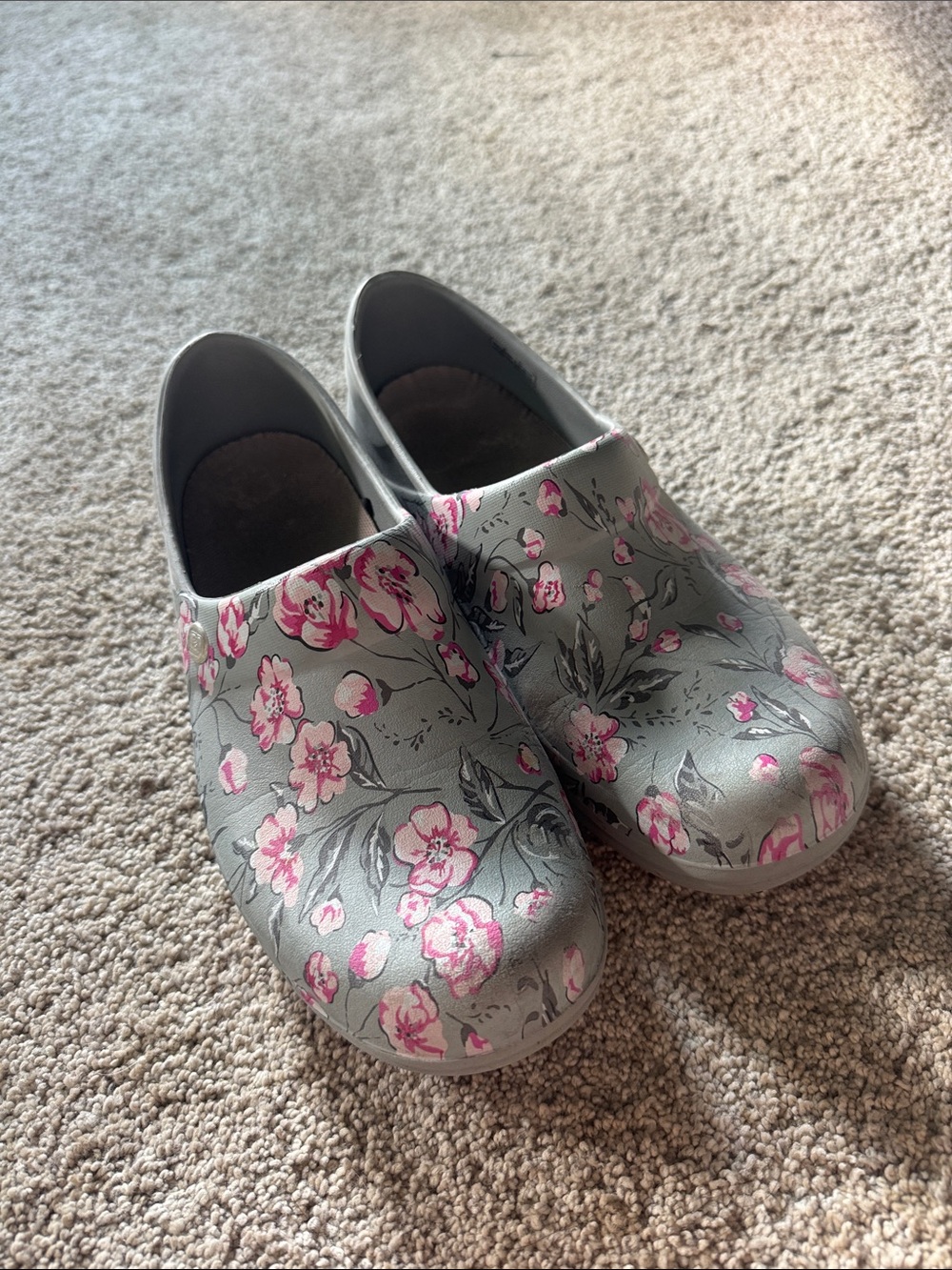 CROCS Gray Floral Slip-On Clogs with Pink Accents